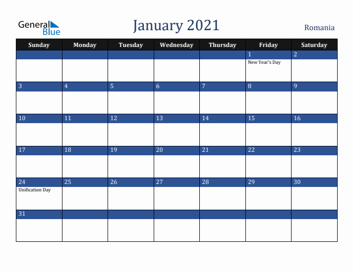 January 2021 Romania Calendar (Sunday Start)