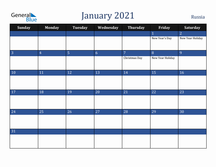 January 2021 Russia Calendar (Sunday Start)