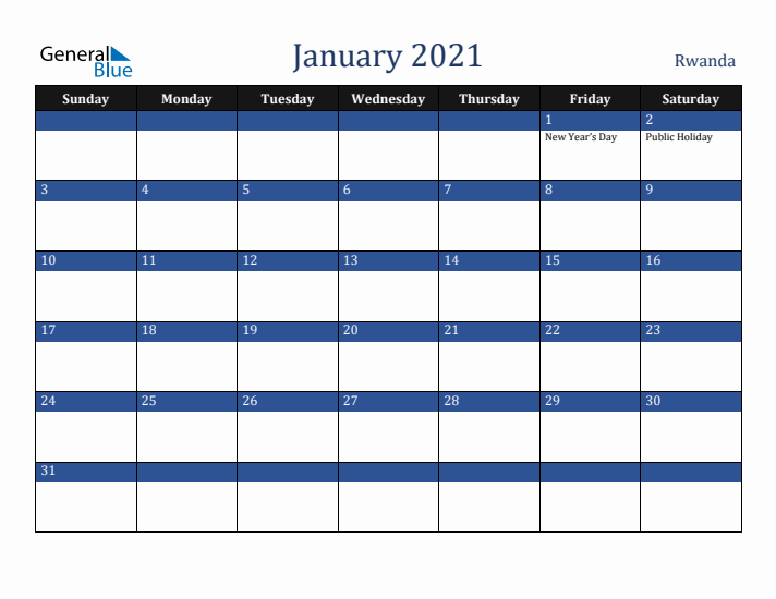 January 2021 Rwanda Calendar (Sunday Start)