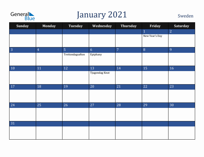 January 2021 Sweden Calendar (Sunday Start)