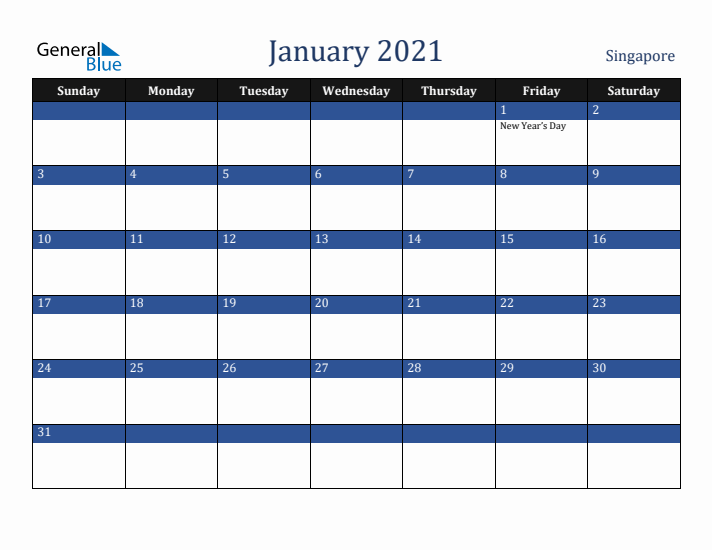 January 2021 Singapore Calendar (Sunday Start)