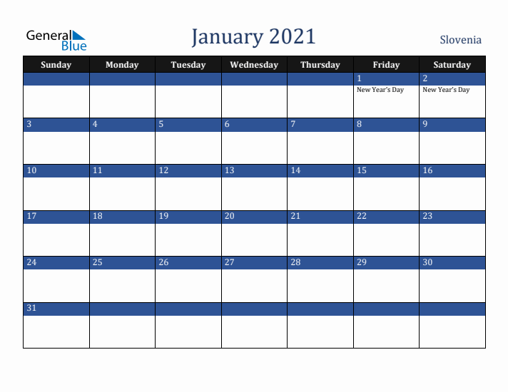 January 2021 Slovenia Calendar (Sunday Start)