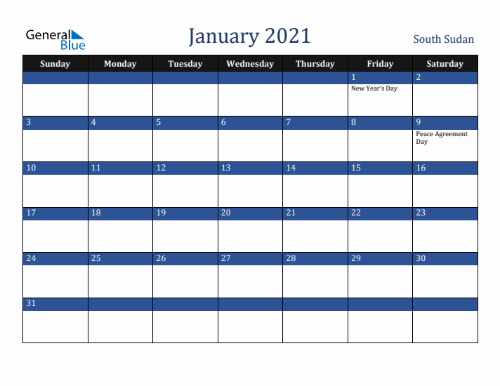 January 2021 South Sudan Calendar (Sunday Start)