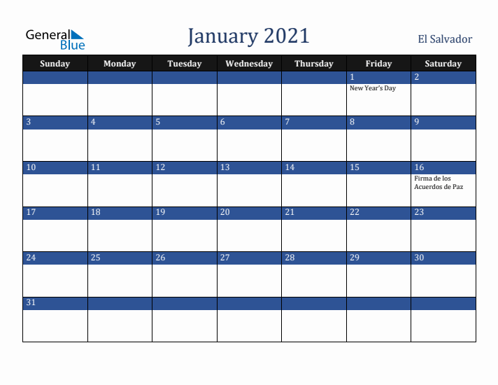 January 2021 El Salvador Calendar (Sunday Start)