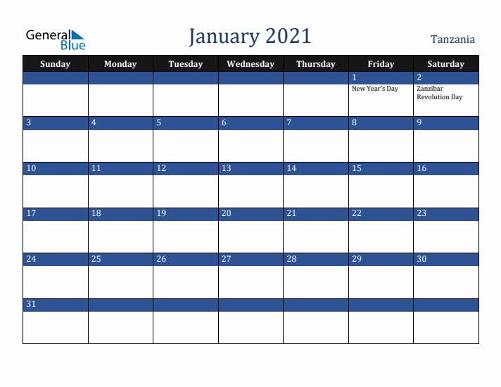January 2021 Tanzania Calendar (Sunday Start)