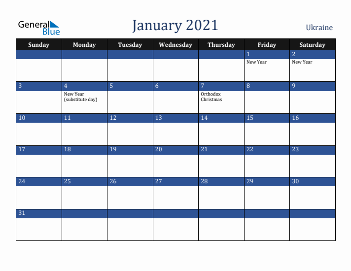 January 2021 Ukraine Calendar (Sunday Start)
