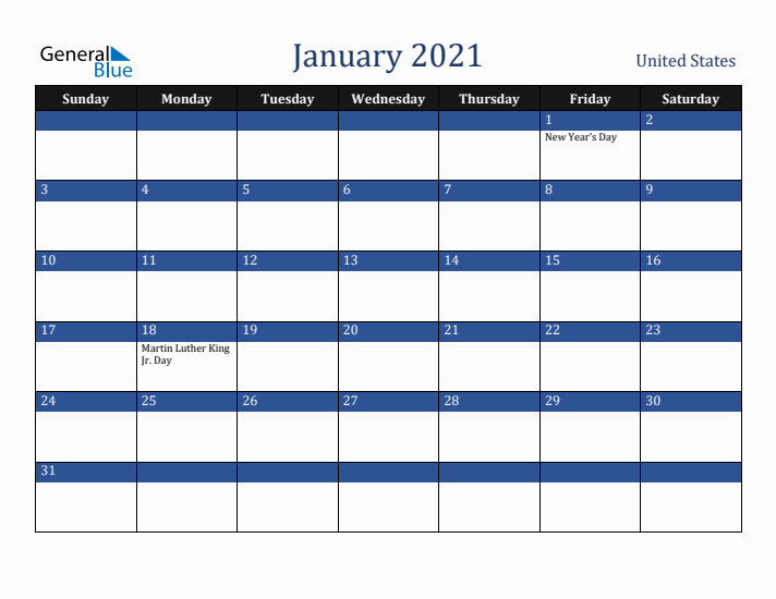 January 2021 United States Calendar (Sunday Start)