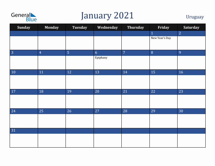 January 2021 Uruguay Calendar (Sunday Start)