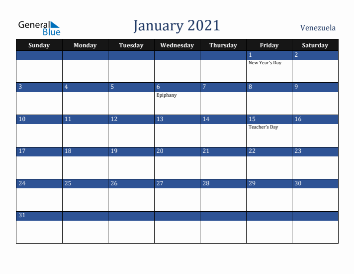 January 2021 Venezuela Calendar (Sunday Start)