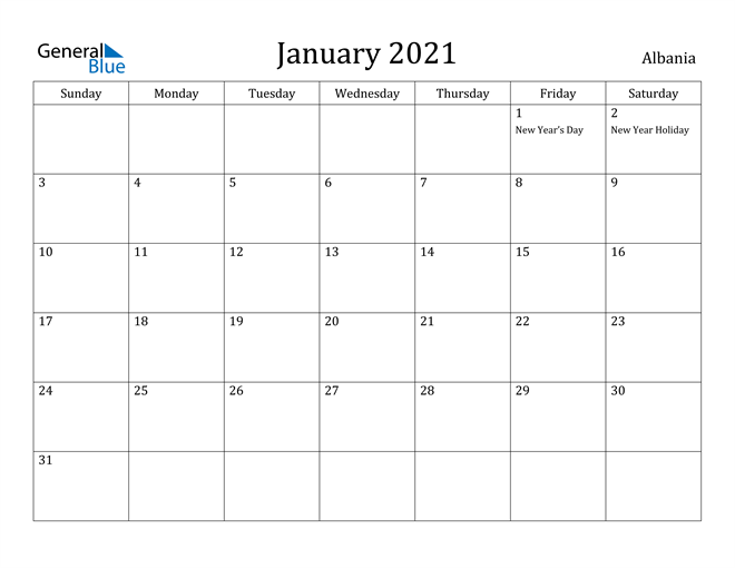 January 2021 Calendar Albania