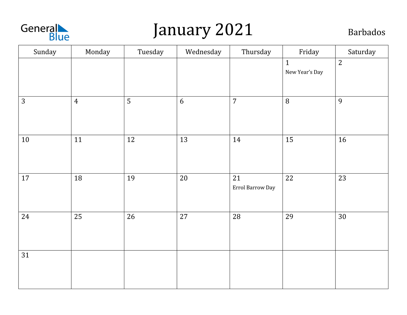 january 2021 calendar with holidays January 2021 Calendar Barbados january 2021 calendar with holidays
