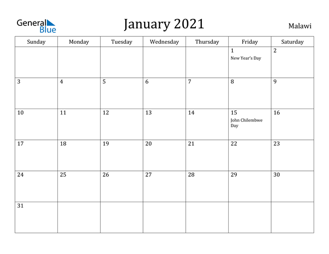 January 2021 Calendar Malawi