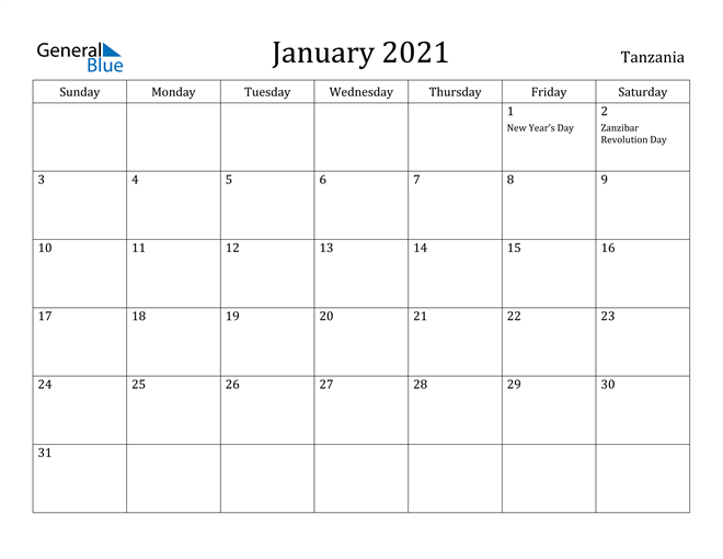 Tanzania January 2021 Calendar with Holidays