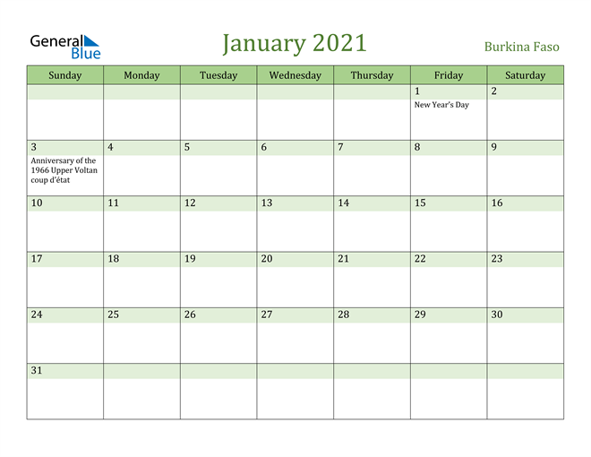 January 2021 Calendar with Burkina Faso Holidays