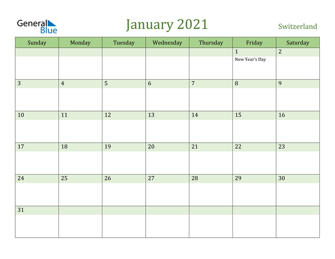 January 2021 Calendar with Switzerland Holidays