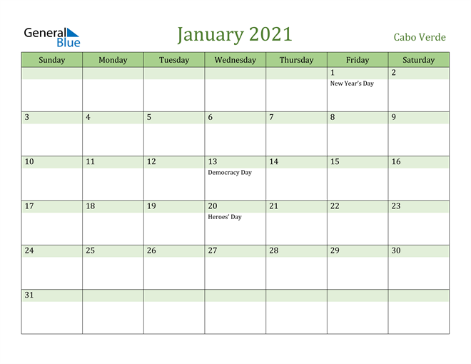 January 2021 Calendar with Cabo Verde Holidays
