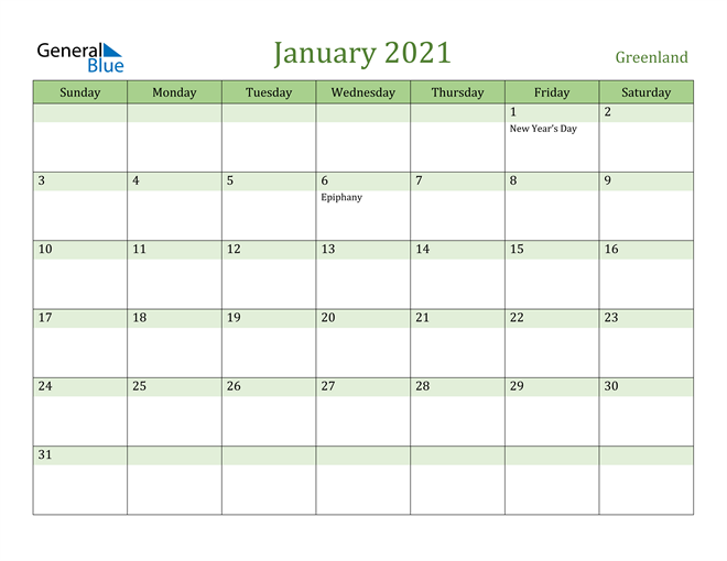 January 2021 Calendar with Greenland Holidays