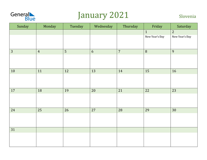 January 2021 Calendar with Slovenia Holidays