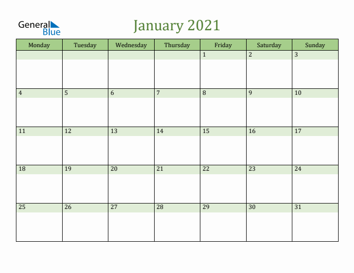 January 2021 Calendar with Monday Start