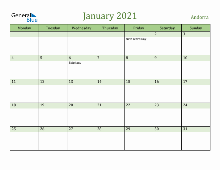 January 2021 Calendar with Andorra Holidays