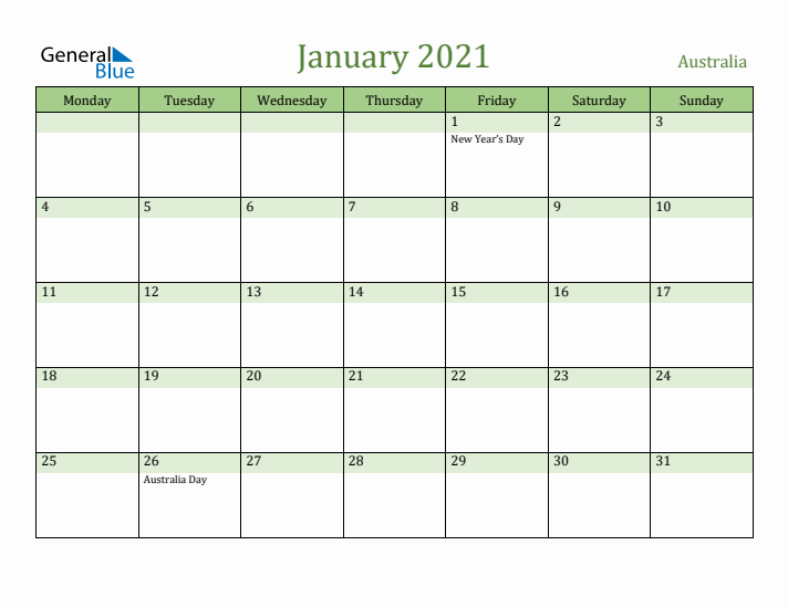 January 2021 Calendar with Australia Holidays
