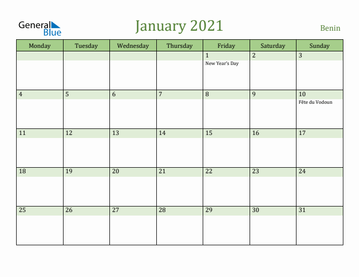 January 2021 Calendar with Benin Holidays