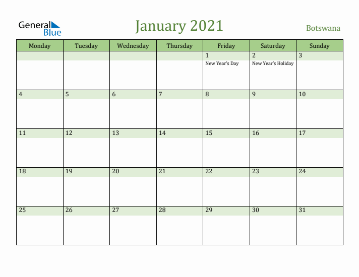 January 2021 Calendar with Botswana Holidays