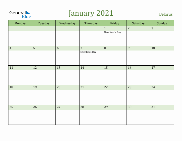January 2021 Calendar with Belarus Holidays