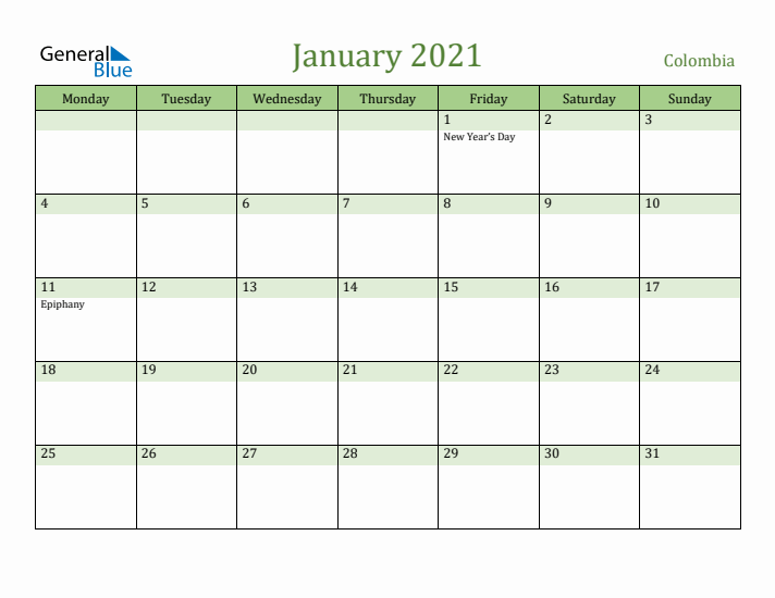 January 2021 Calendar with Colombia Holidays