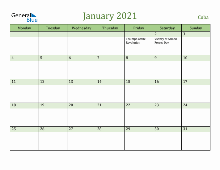 January 2021 Calendar with Cuba Holidays