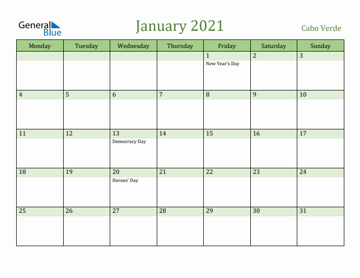 January 2021 Calendar with Cabo Verde Holidays
