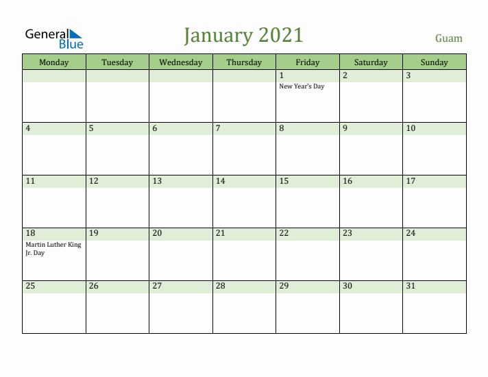 January 2021 Calendar with Guam Holidays
