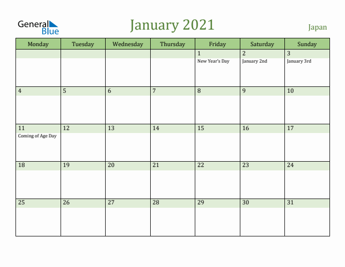 January 2021 Calendar with Japan Holidays