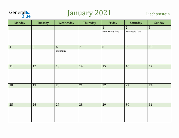 January 2021 Calendar with Liechtenstein Holidays