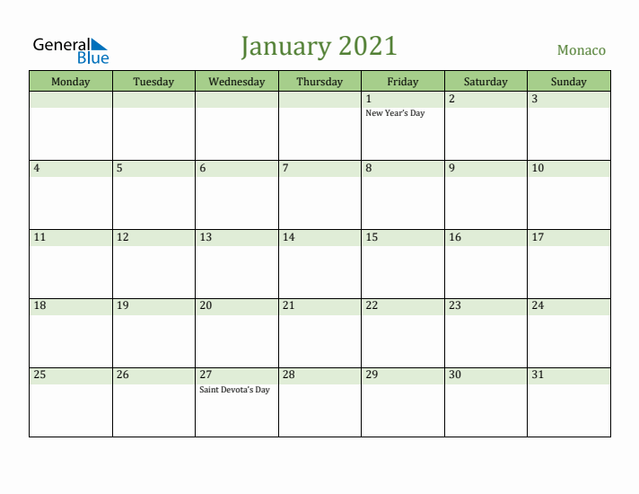January 2021 Calendar with Monaco Holidays