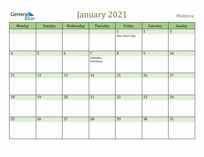 January 2021 Calendar with Moldova Holidays