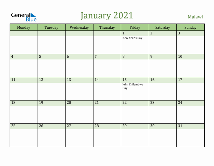 January 2021 Calendar with Malawi Holidays