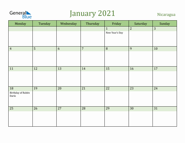January 2021 Calendar with Nicaragua Holidays