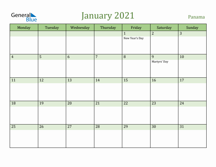 January 2021 Calendar with Panama Holidays