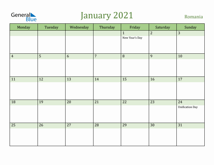 January 2021 Calendar with Romania Holidays