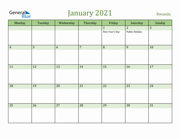 January 2021 Calendar with Rwanda Holidays