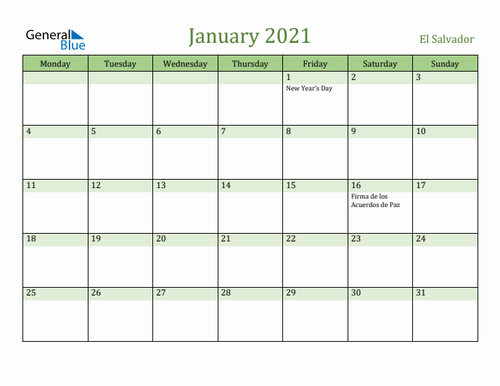 January 2021 Calendar with El Salvador Holidays