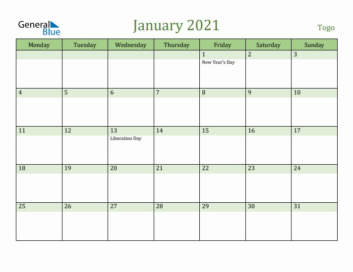 January 2021 Calendar with Togo Holidays
