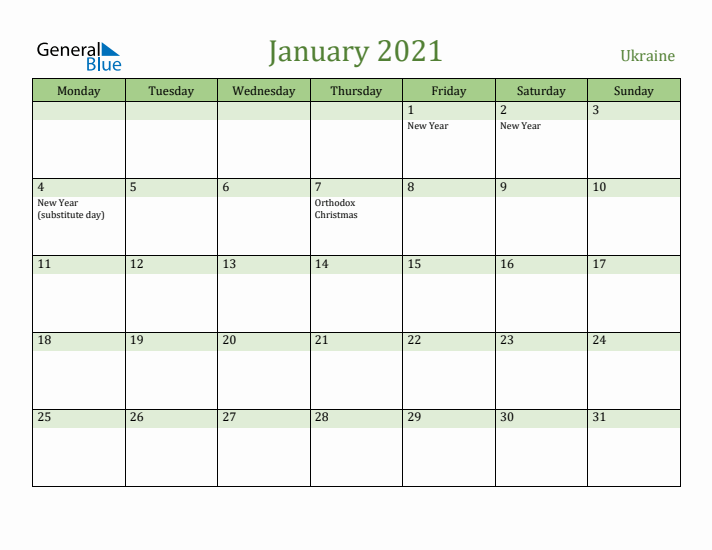 January 2021 Calendar with Ukraine Holidays
