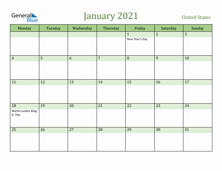 January 2021 Calendar with United States Holidays