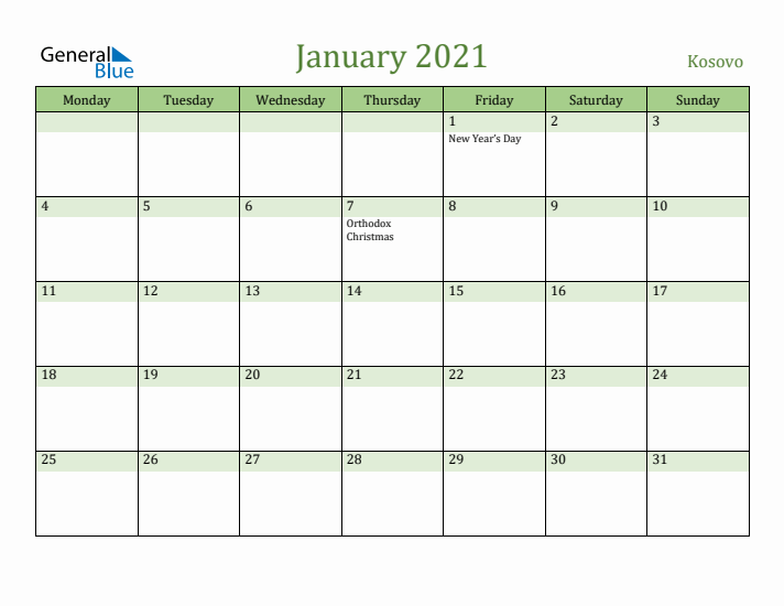 January 2021 Calendar with Kosovo Holidays