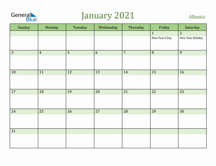 January 2021 Calendar with Albania Holidays