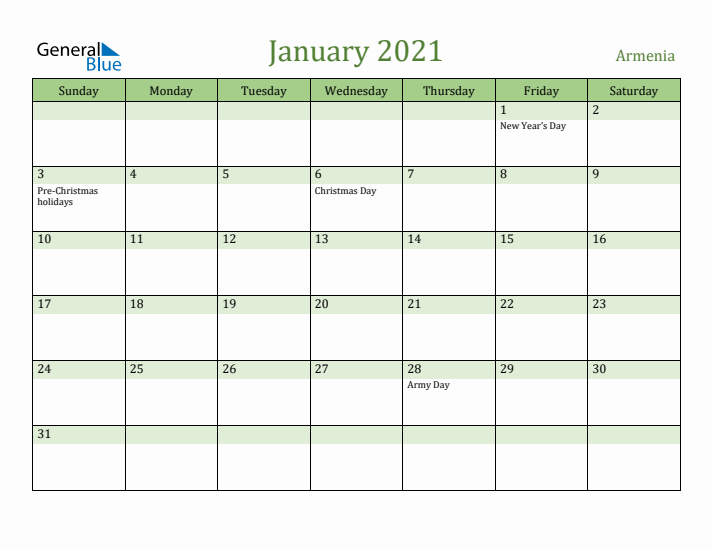 January 2021 Calendar with Armenia Holidays