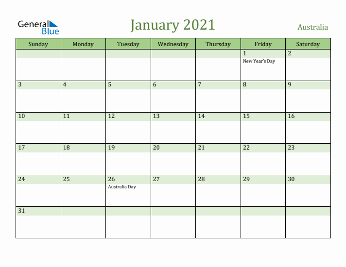 January 2021 Calendar with Australia Holidays