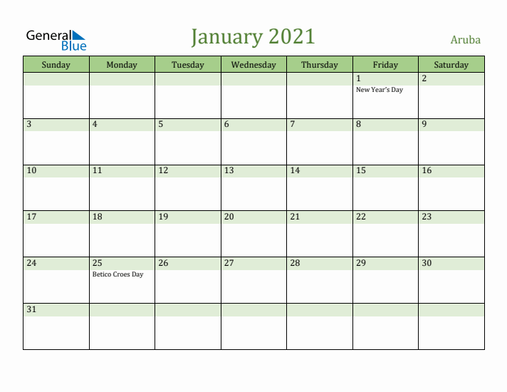 January 2021 Calendar with Aruba Holidays